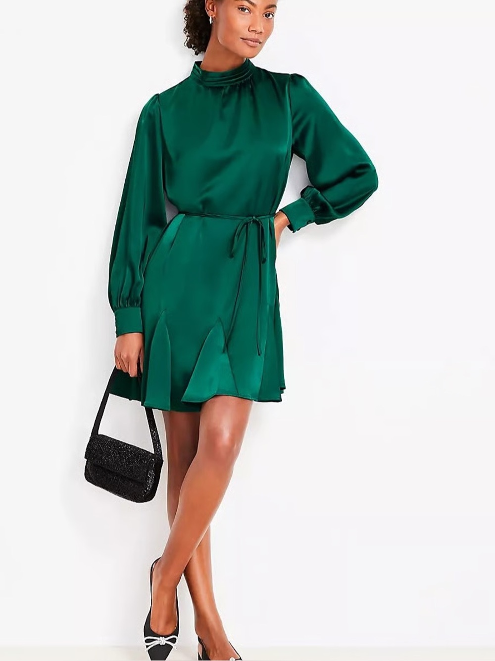 NWT LOFT Emerald Satin Long-Sleeve Mini Dress MP